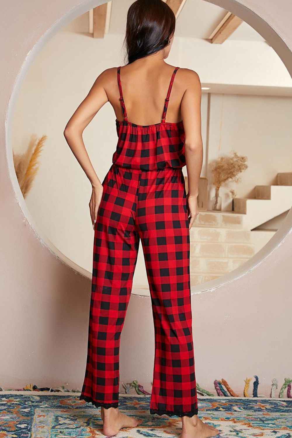 Plaid Lace Trim : Spaghetti Strap Jumpsuit