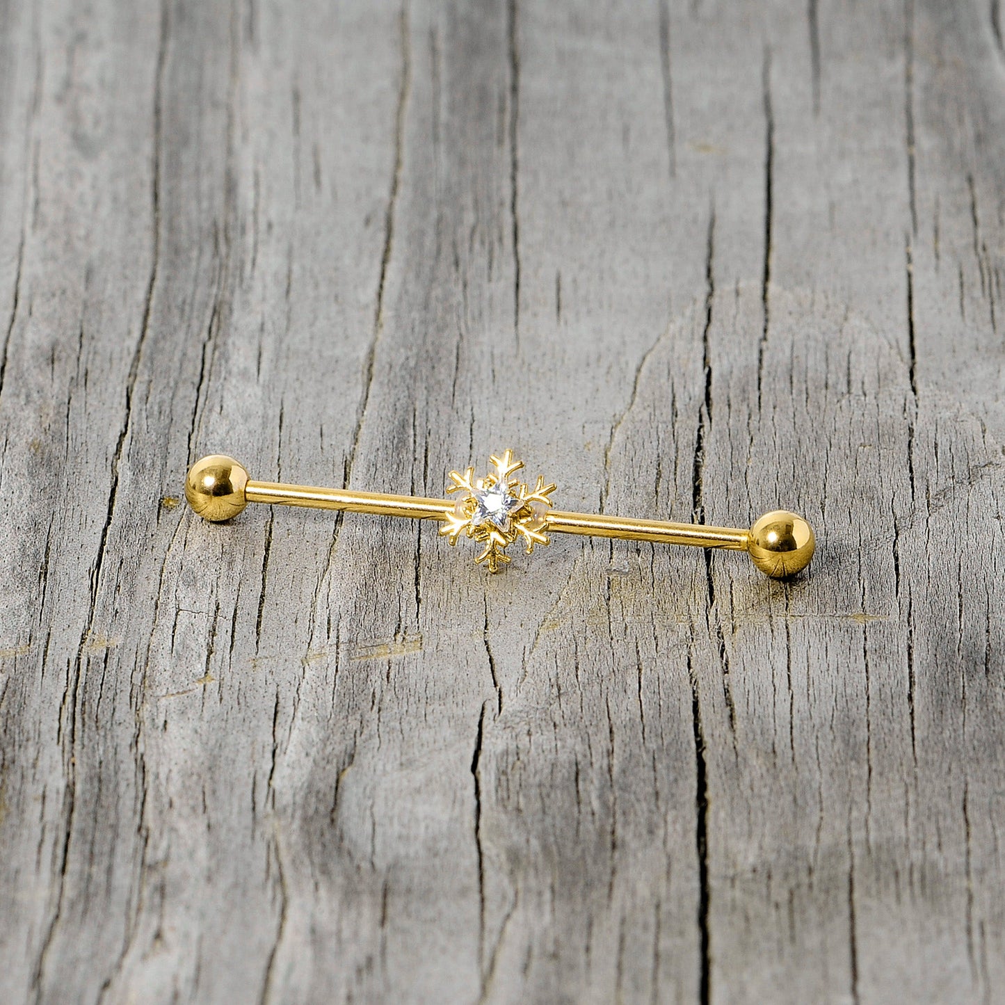 14G Clear Gem Gold Hue Snowflake Christmas Industrial Barbell 38mm