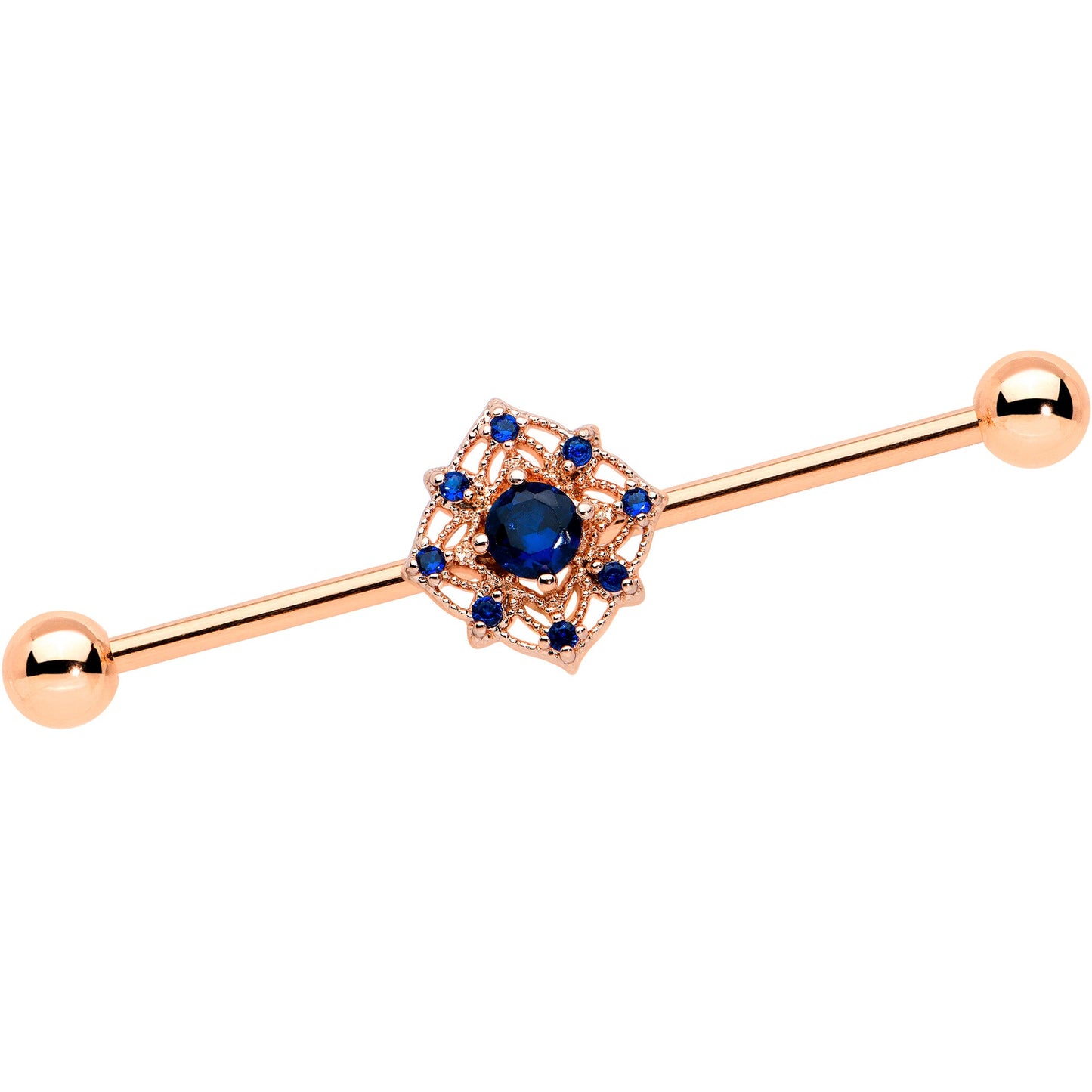 14G Blue Gem Rose Gold Tone Wicked Web Industrial Barbell 38mm