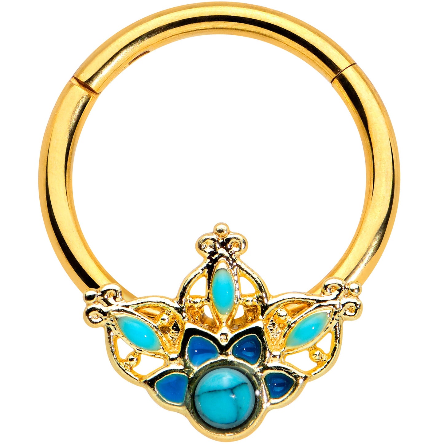 16G 3/8 Turquoise Gold Tone Opulent Flower Hinged Segment Ring