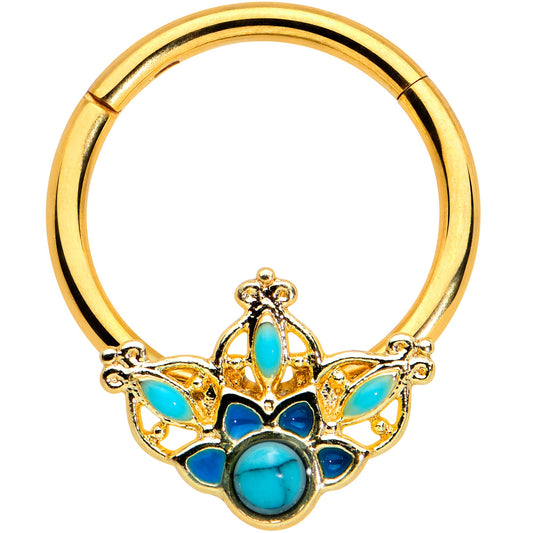 16G 3/8 Turquoise Gold Tone Opulent Flower Hinged Segment Ring