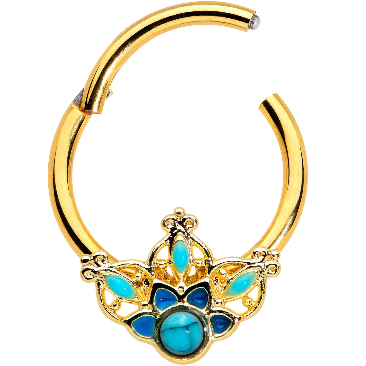 16G 3/8 Turquoise Gold Tone Opulent Flower Hinged Segment Ring