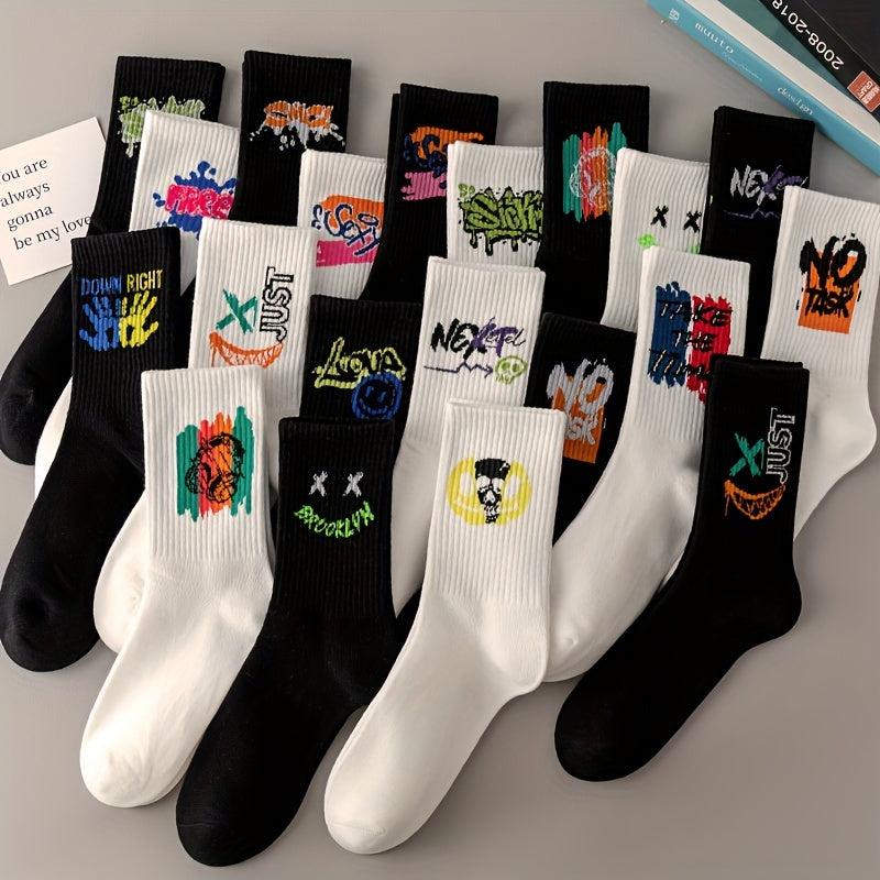 3/6/8/10/12 Pairs Of Medium Length Socks With Graffiti And Spray Painting For Personalized Fashion, Comfort, And Durability