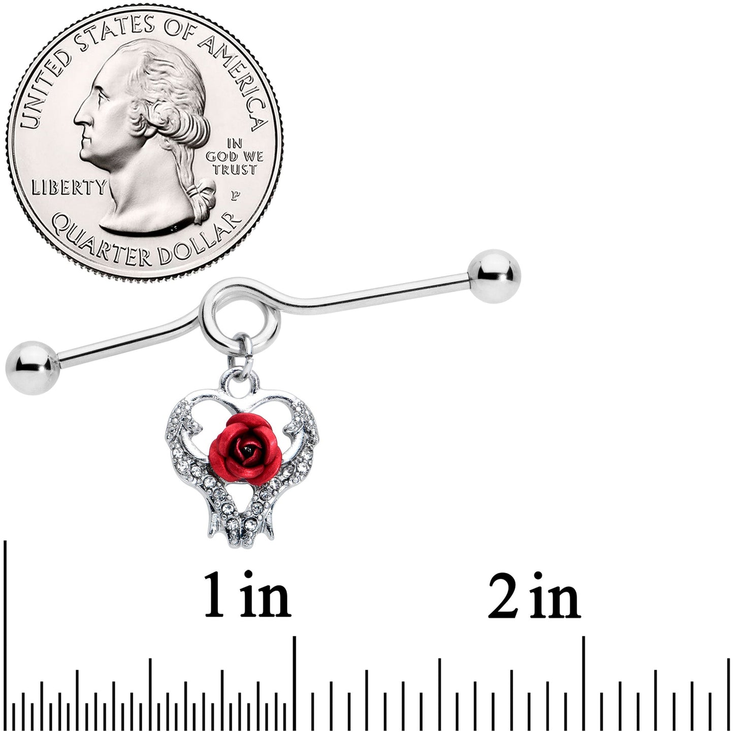 14G Heart Red Rose Flower Valentines Day Dangle Project Bar 38mm