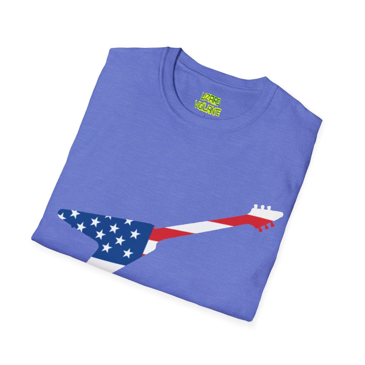 American Flag Colored Flying V Electric Guitar Unisex Softstyle T-Shirt - Lizard Vigilante