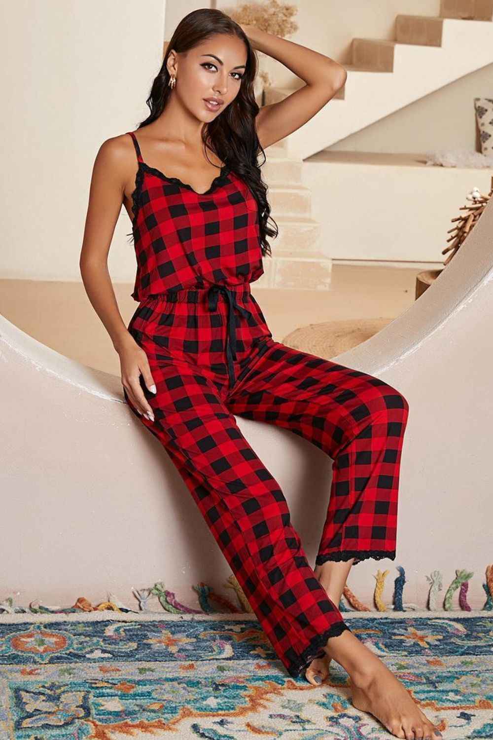Plaid Lace Trim : Spaghetti Strap Jumpsuit