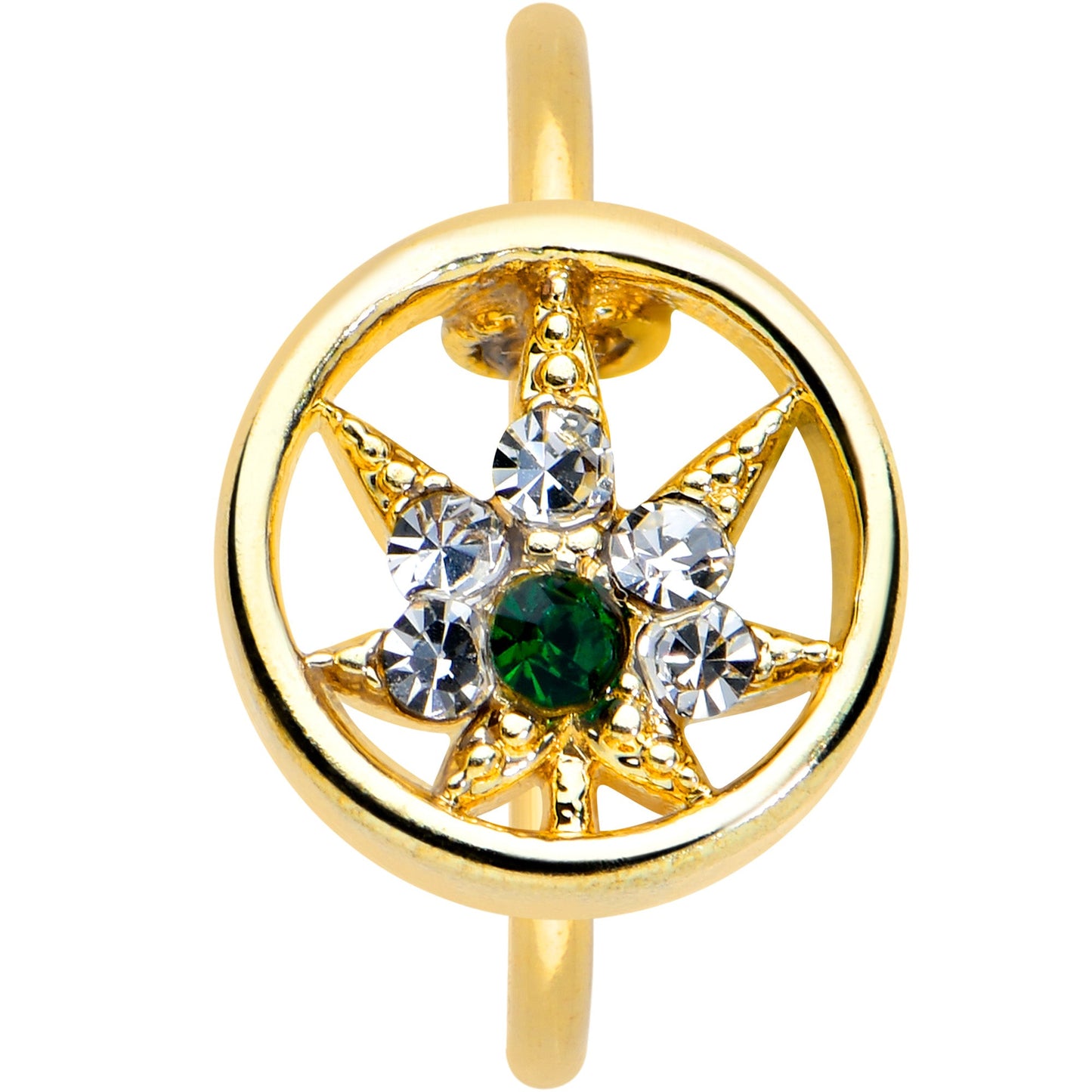 20G 5/16 Green Gem Gold Tone Pot Leaf Circle Nose Hoop