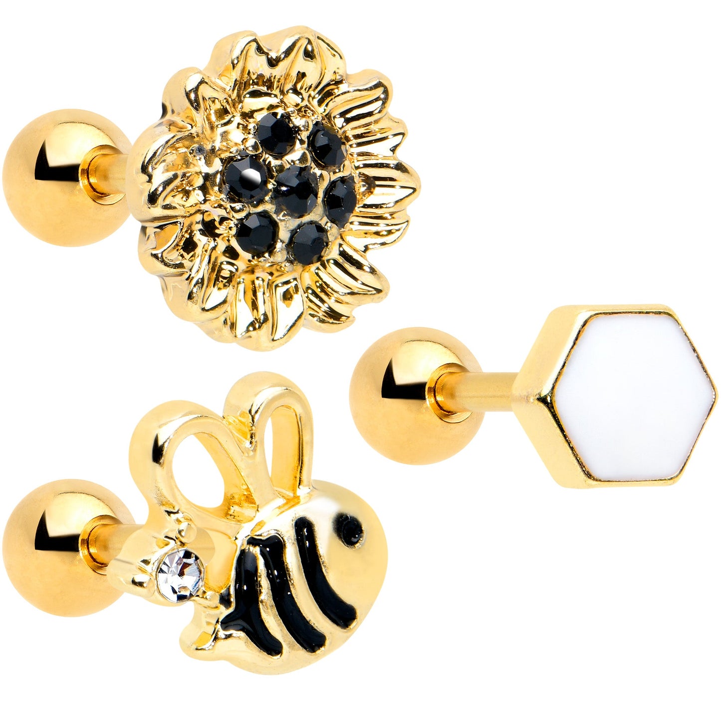 16G 1/4 Black CZ Gem Gold Tone Beehive Cartilage Earring Set of 3