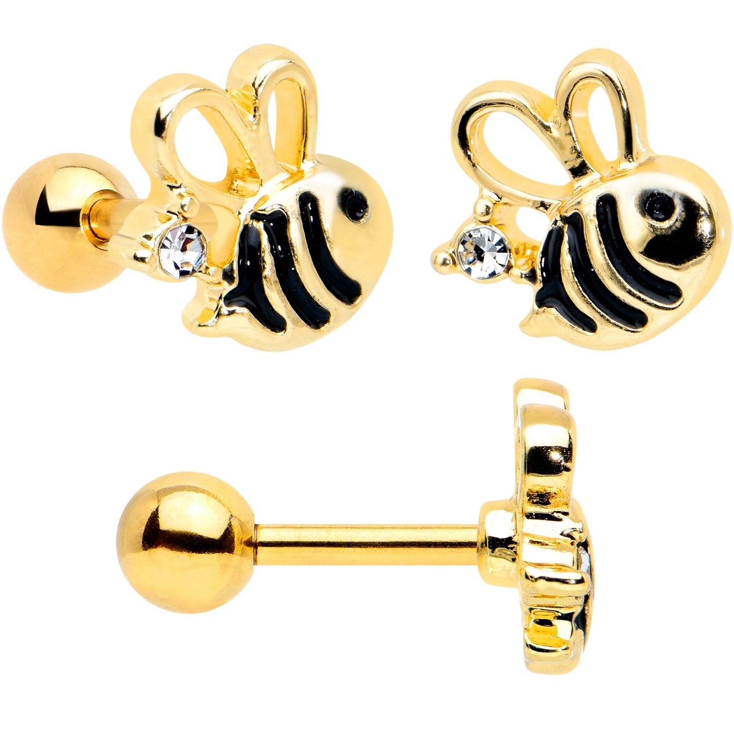 16G 1/4 Black CZ Gem Gold Tone Beehive Cartilage Earring Set of 3