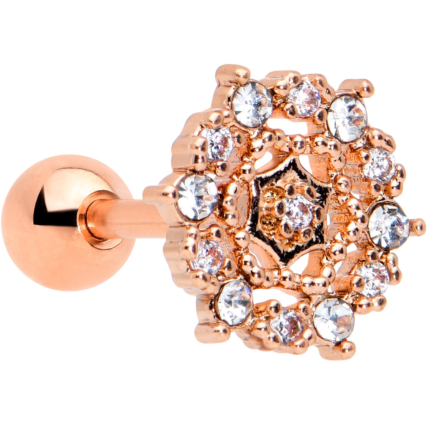 16G 1/4 Clear CZ Gem Rose Gold Tone Geometric Web Tragus Earring