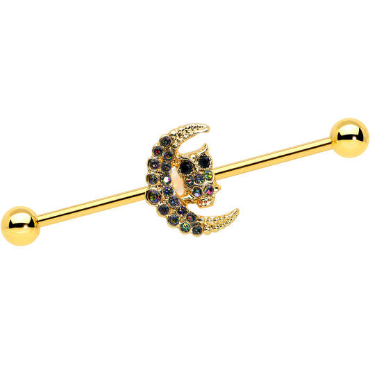 14G Aurora Black Gem Gold Tone Owl Moon Industrial Barbell 38mm