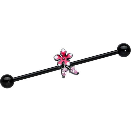 14G Pink Gem Black Fanciful Flower Industrial Barbell 38mm