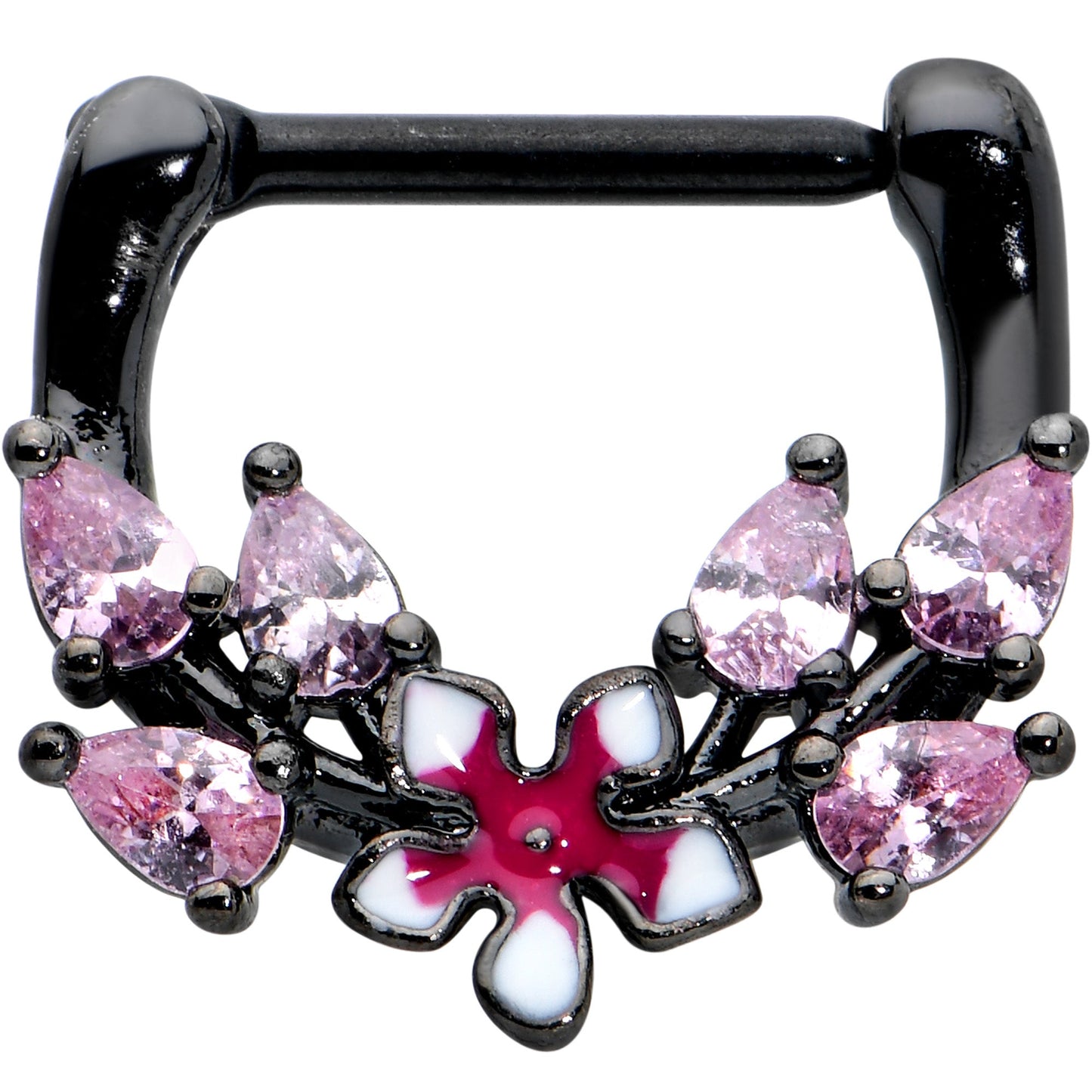16G 5/16 Pink Gem Black Fanciful Flower Cartilage Clicker
