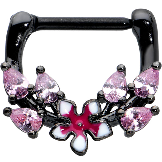 16G 5/16 Pink Gem Black Fanciful Flower Cartilage Clicker