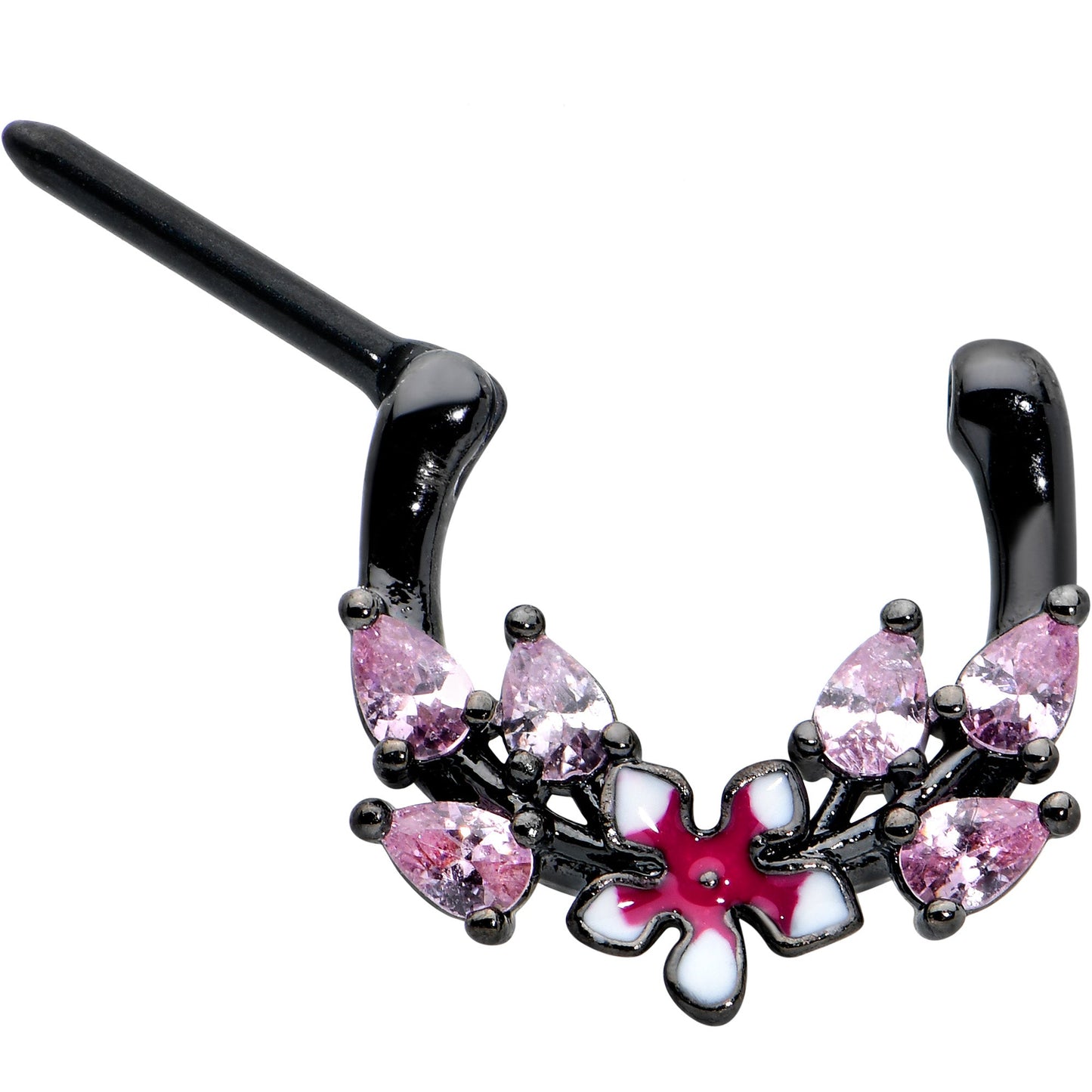 16G 5/16 Pink Gem Black Fanciful Flower Cartilage Clicker