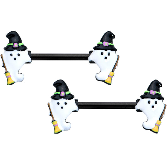 14G 9/16 Black Witch Ghosts Halloween Barbell Nipple Ring Set