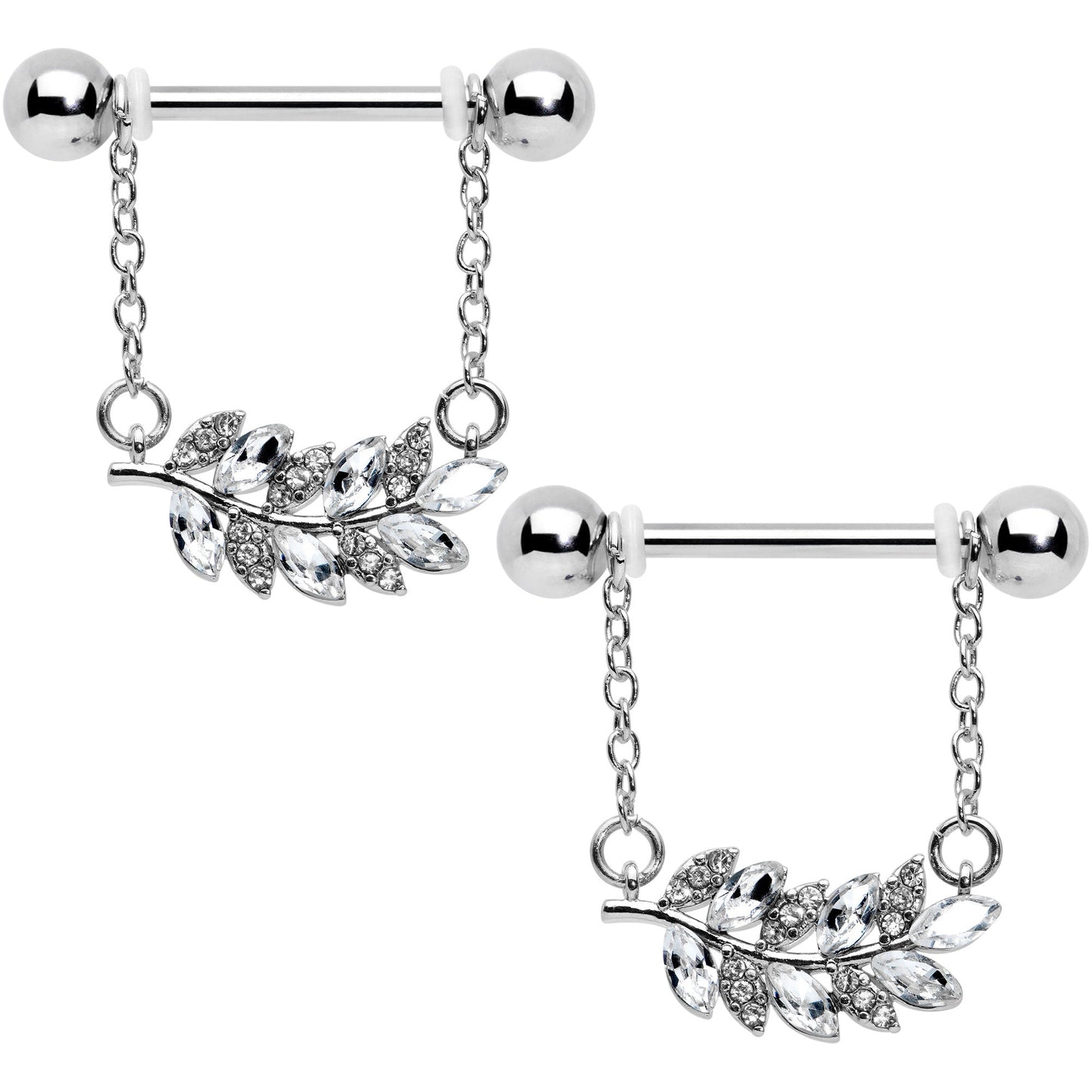 14G 9/16 Clear Gem Leafy Branch Dangle Nipple Ring Set