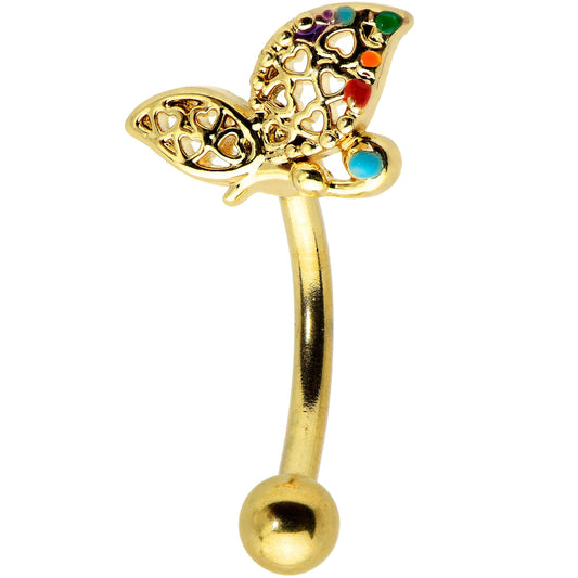 16G 5/16 Clear CZ Gem Gold Hue Heart Butterfly Curve Eyebrow Ring