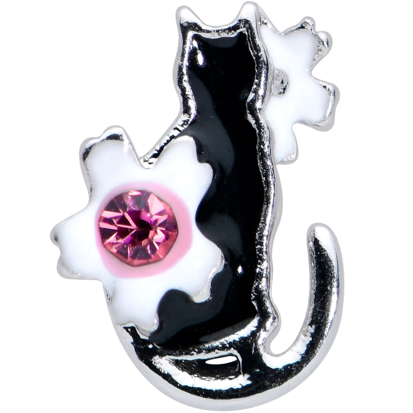 16G 1/4 Pink Gem Black Cat White Flowers Cartilage Tragus Earring