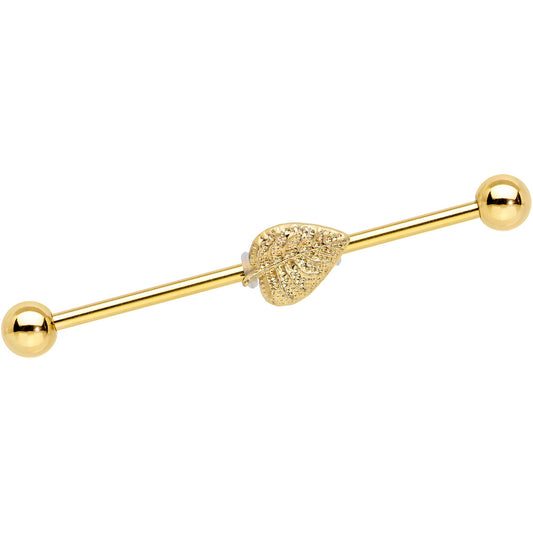 14G Gold Tone Autumn Textured Leaf Industrial Barbell 38mm