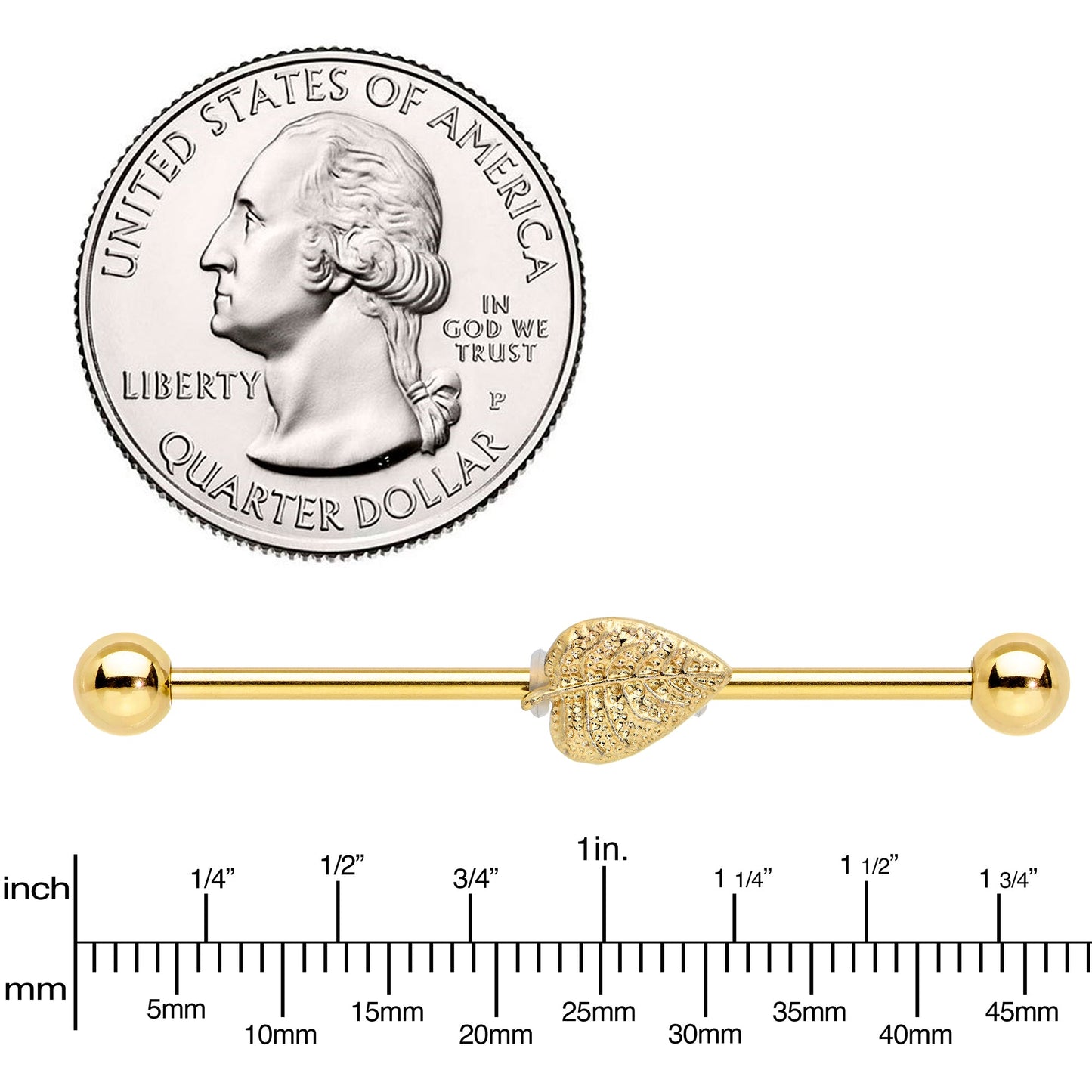 14G Gold Tone Autumn Textured Leaf Industrial Barbell 38mm