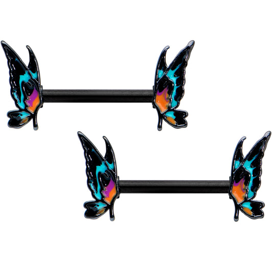 14G 9/16 Black Sunset Butterfly Barbell Nipple Ring Set