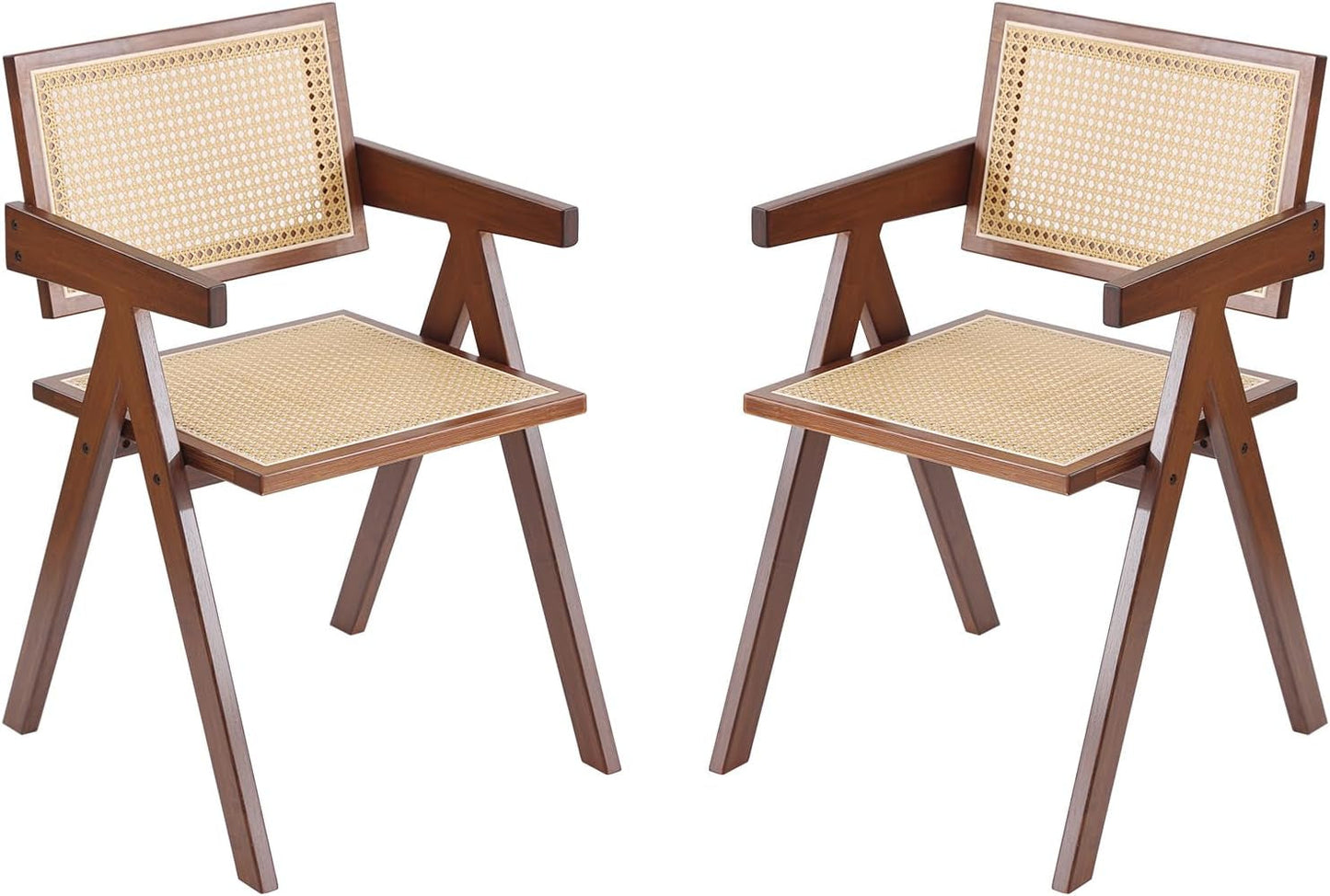 Rattan Dining Chairs Set of 2, Mid Century Modern Armchairs, Wooden Kitchen Chairs for Dining Room, Living Room, Walnut