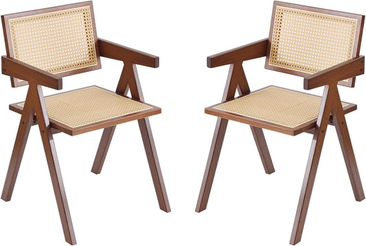 Rattan Dining Chairs Set of 2, Mid Century Modern Armchairs, Wooden Kitchen Chairs for Dining Room, Living Room, Walnut