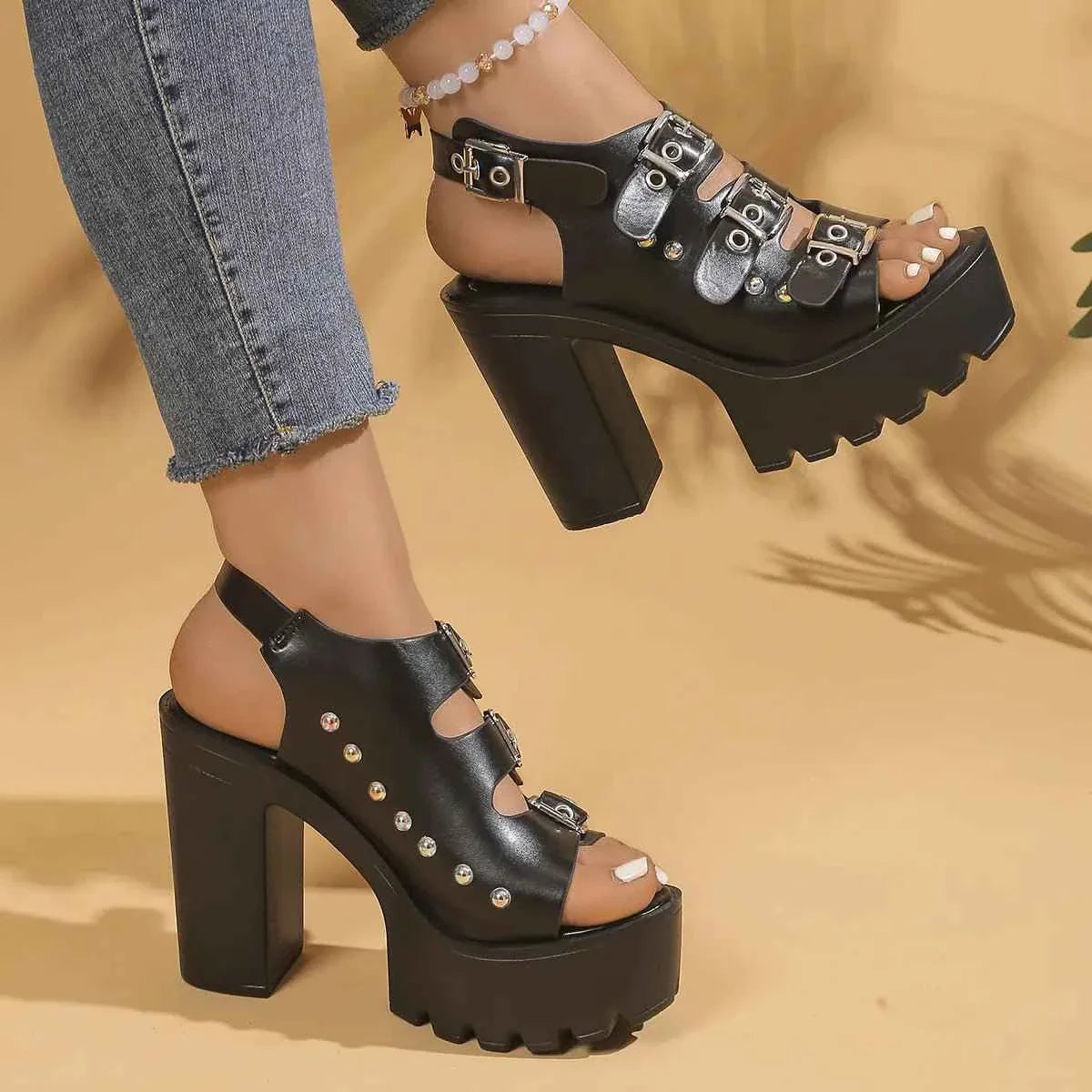 Buckle Platform Block Heels Sandals
