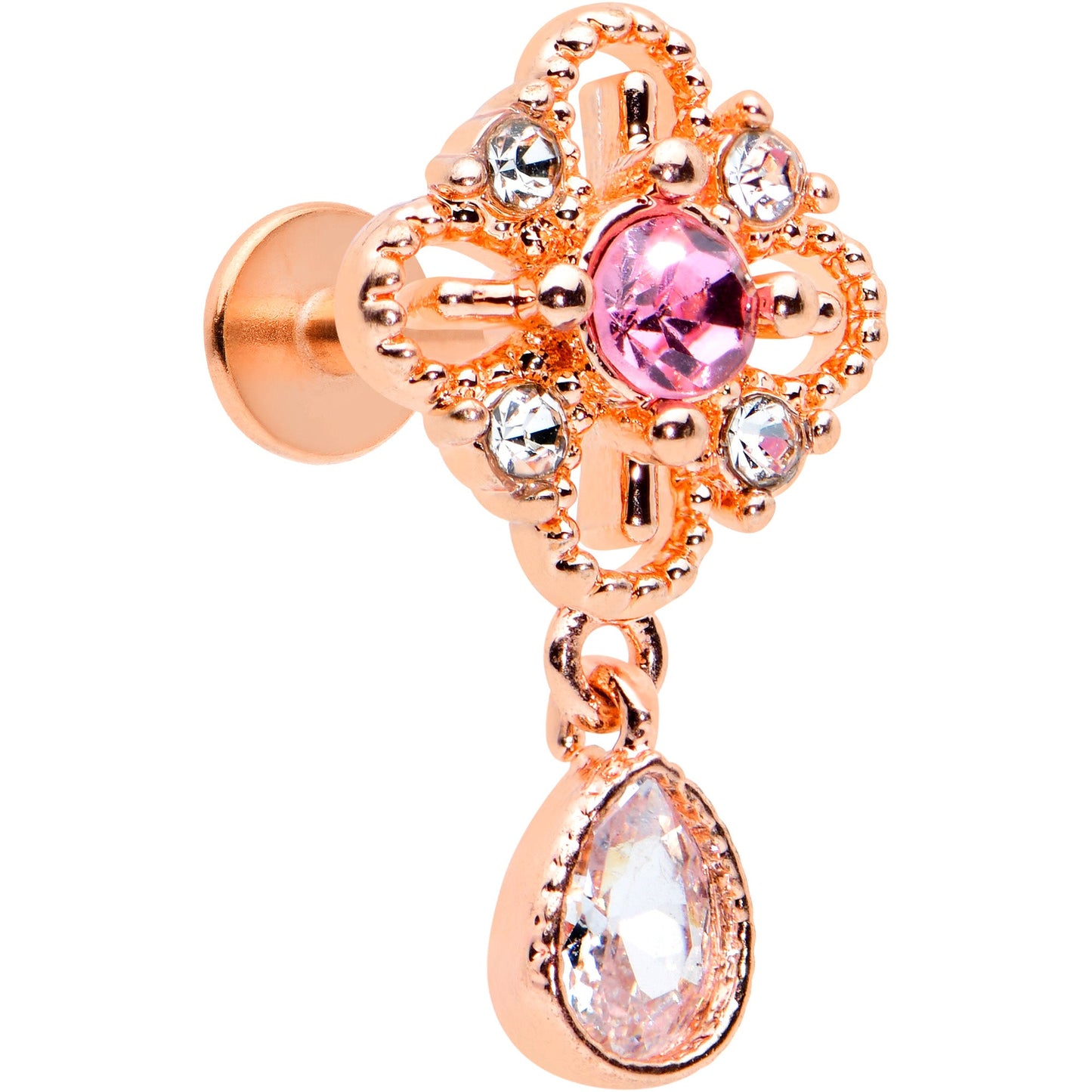 16G 1/4 Clear Pink Gem Rose Gold Tone Cross Dangle Labret Tragus