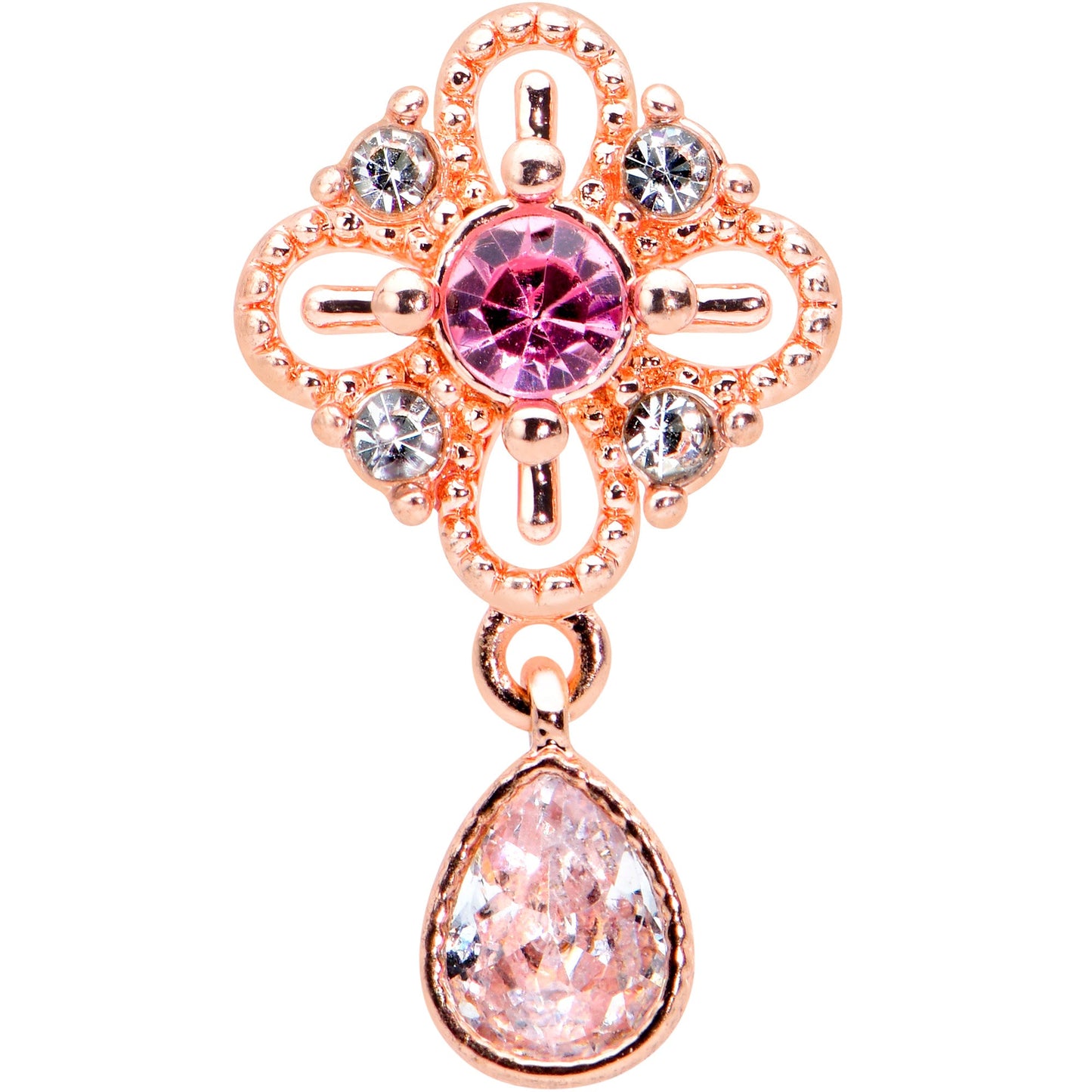 16G 1/4 Clear Pink Gem Rose Gold Tone Cross Dangle Labret Tragus