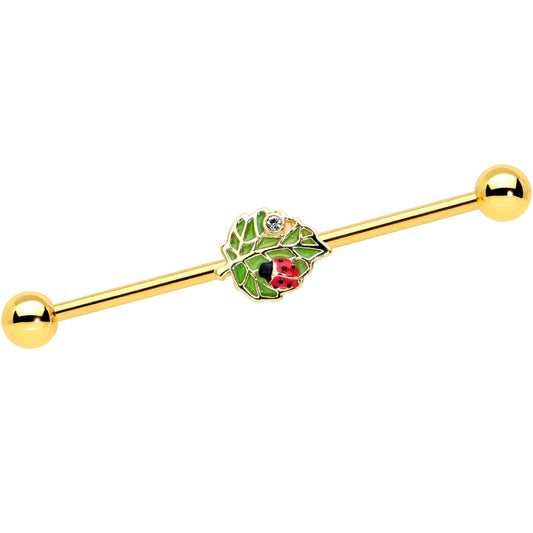 14G Clear Gem Gold Tone Leafy Ladybug Industrial Barbell 38mm