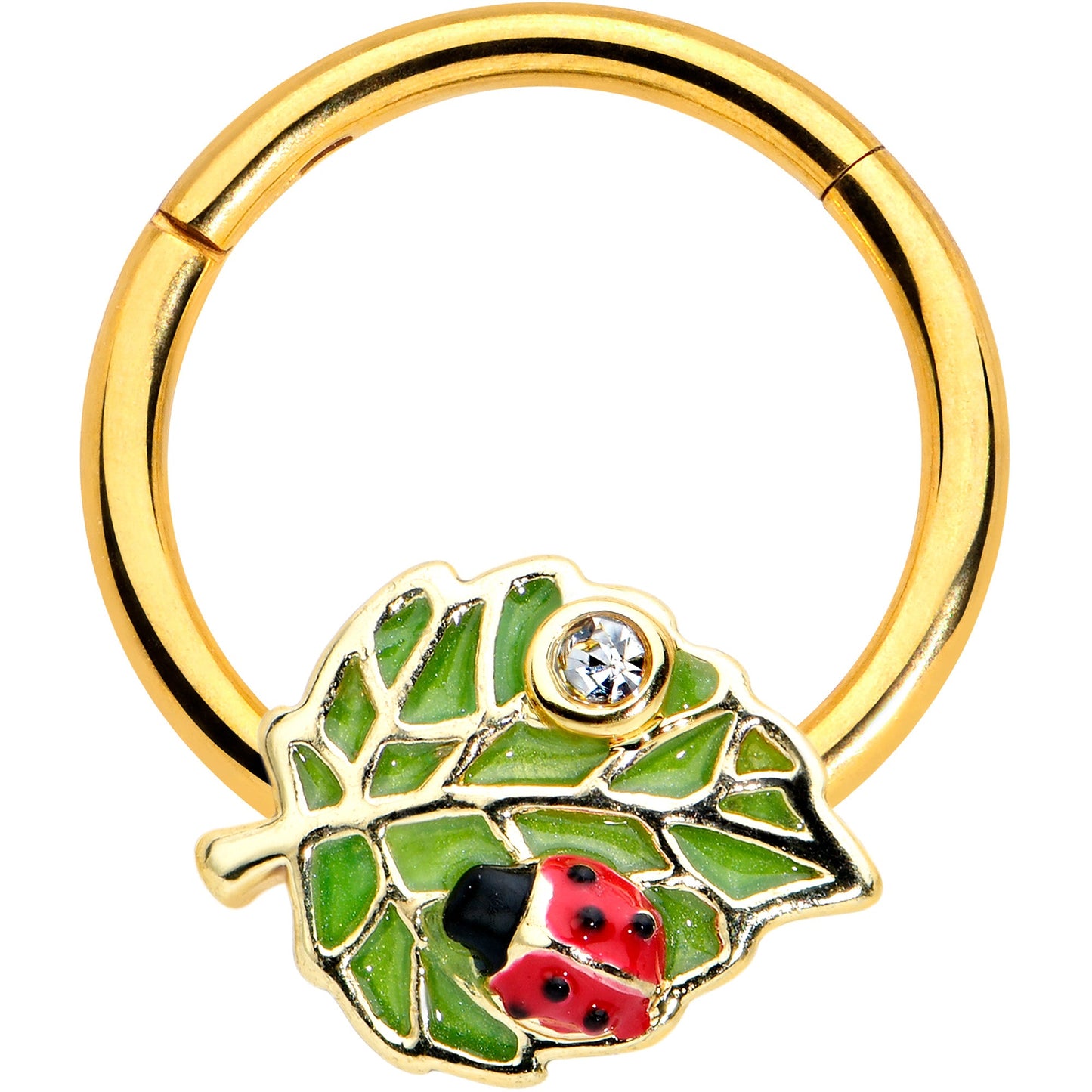 16G 3/8 Clear Gem Gold Tone Leafy Ladybug Hinged Segment Ring