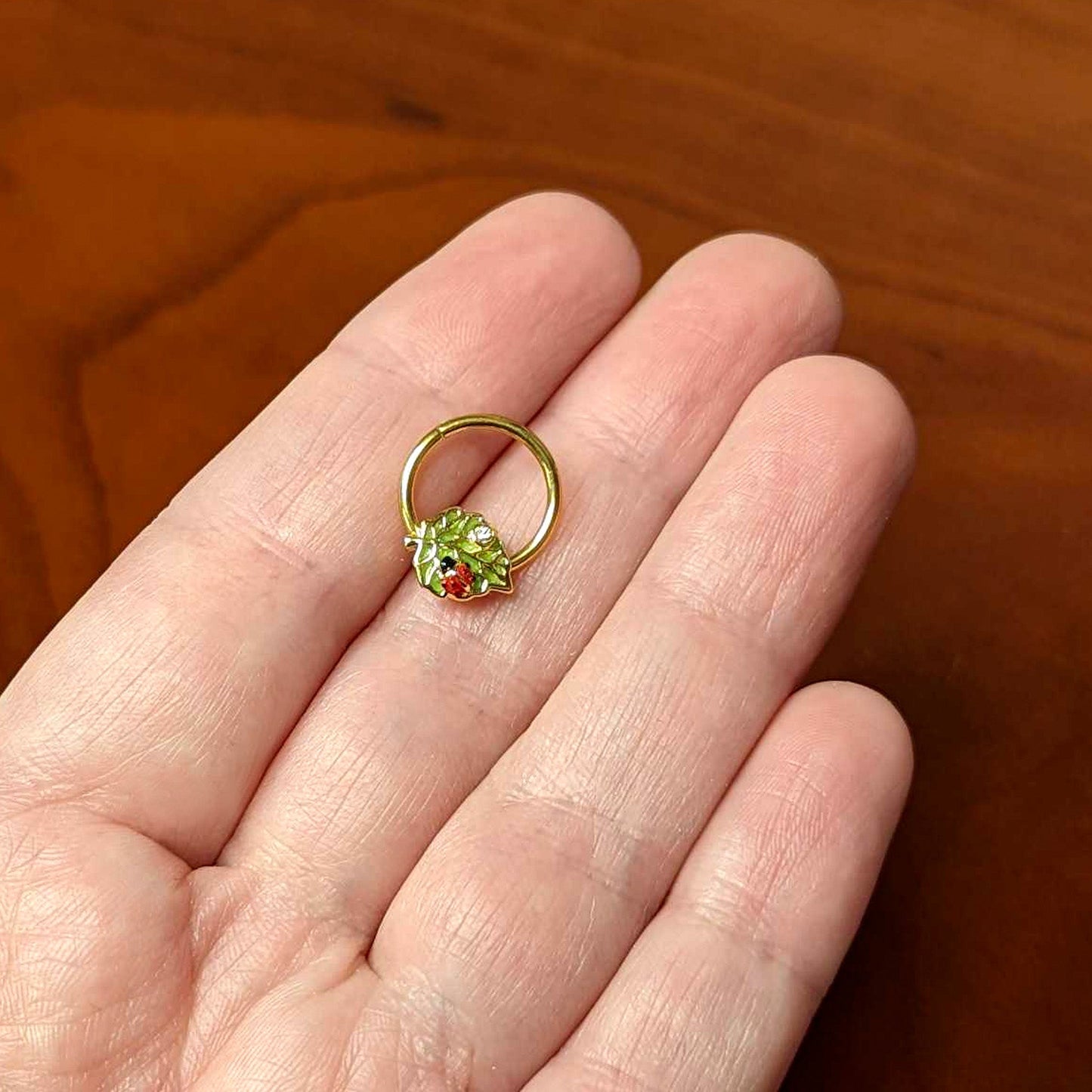 16G 3/8 Clear Gem Gold Tone Leafy Ladybug Hinged Segment Ring