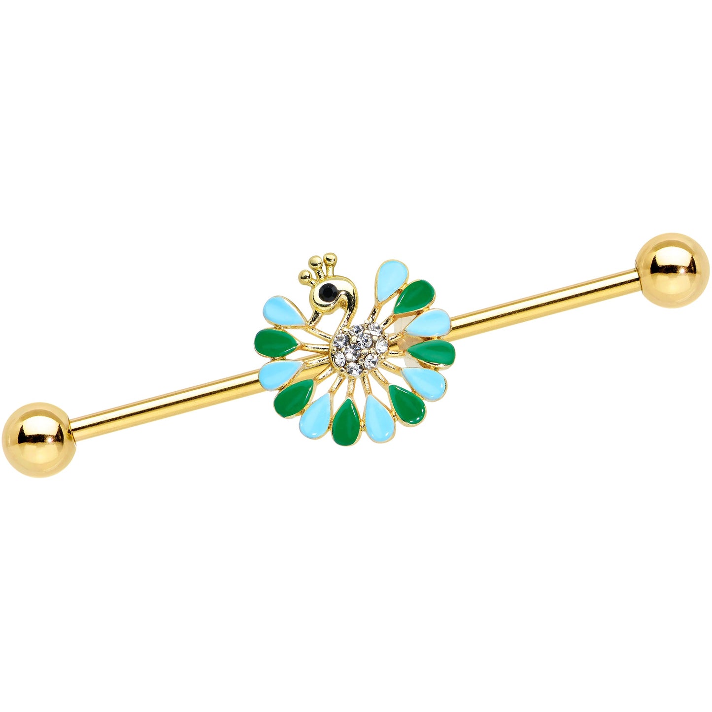 14G Clear Black Gold Tone Pretty Peacock Industrial Barbell 38mm