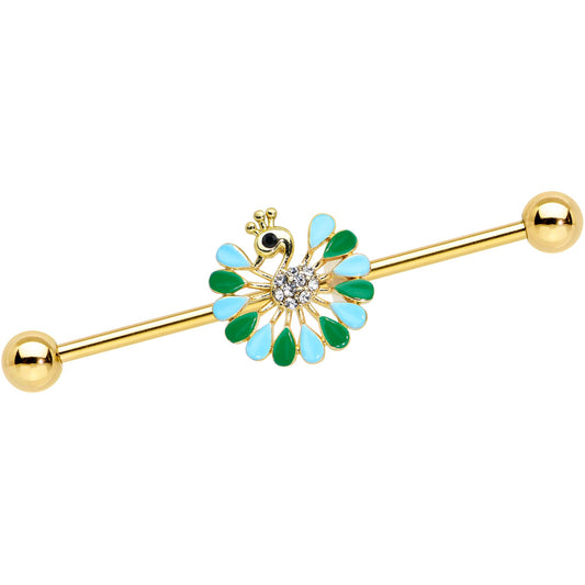 14G Clear Black Gold Tone Pretty Peacock Industrial Barbell 38mm