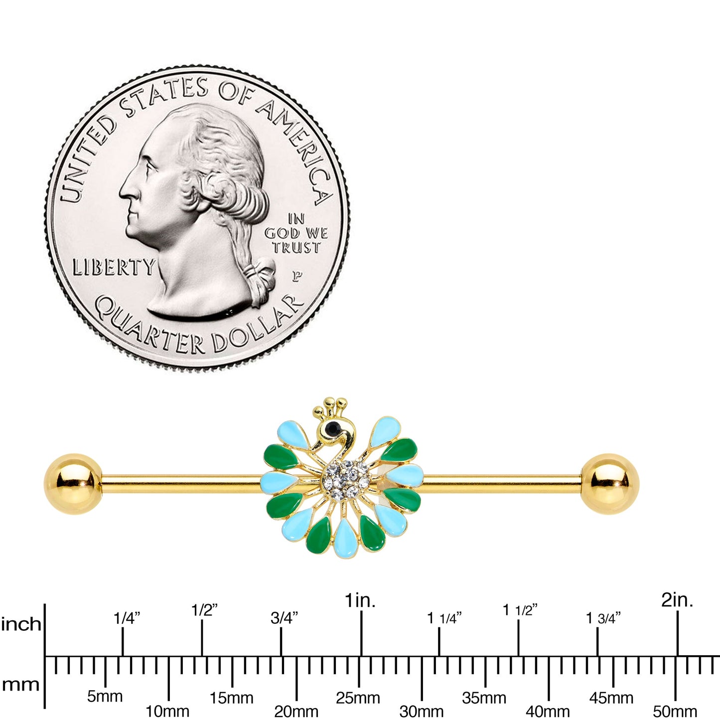 14G Clear Black Gold Tone Pretty Peacock Industrial Barbell 38mm