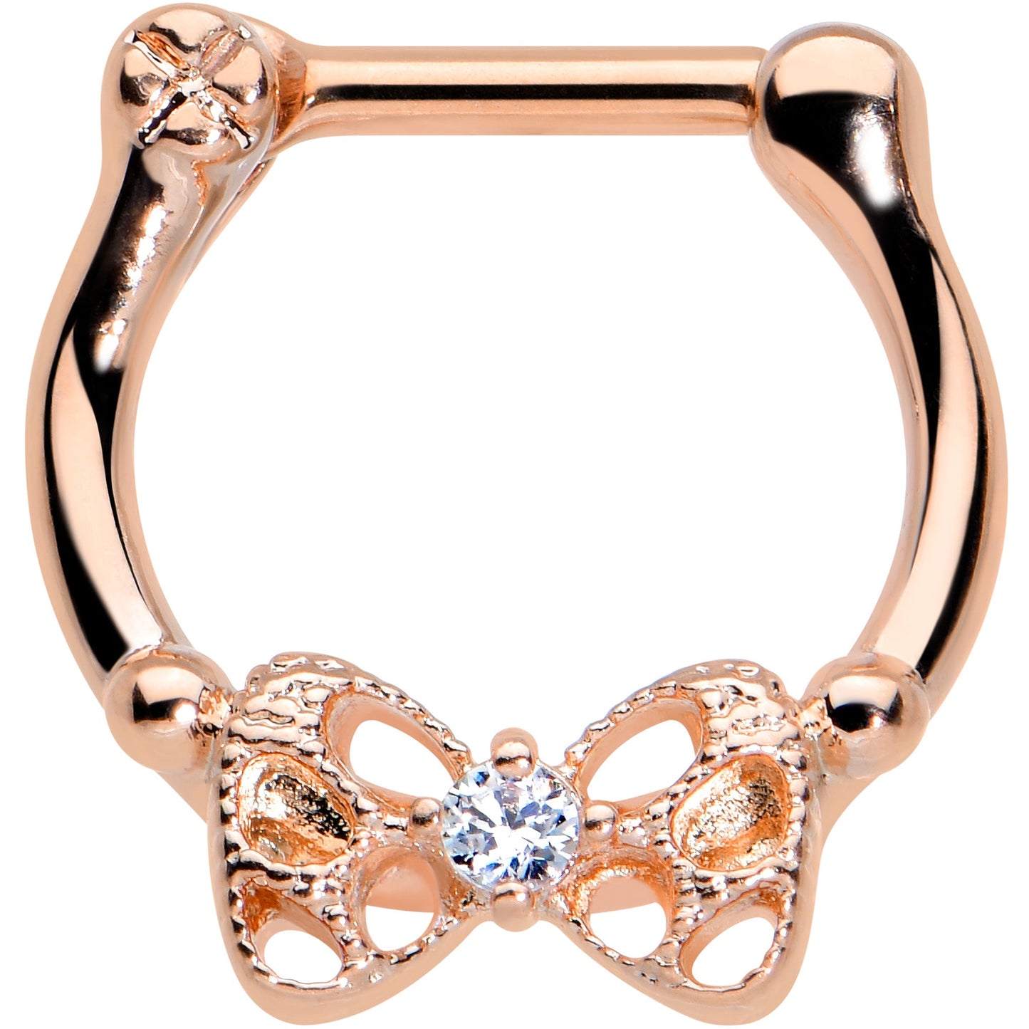 16G 3/8 Clear CZ Gem Rose Gold Hue Openwork Bow Cartilage Clicker