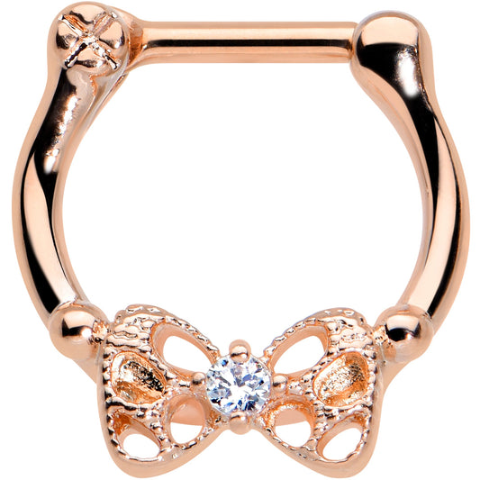 16G 3/8 Clear CZ Gem Rose Gold Hue Openwork Bow Cartilage Clicker