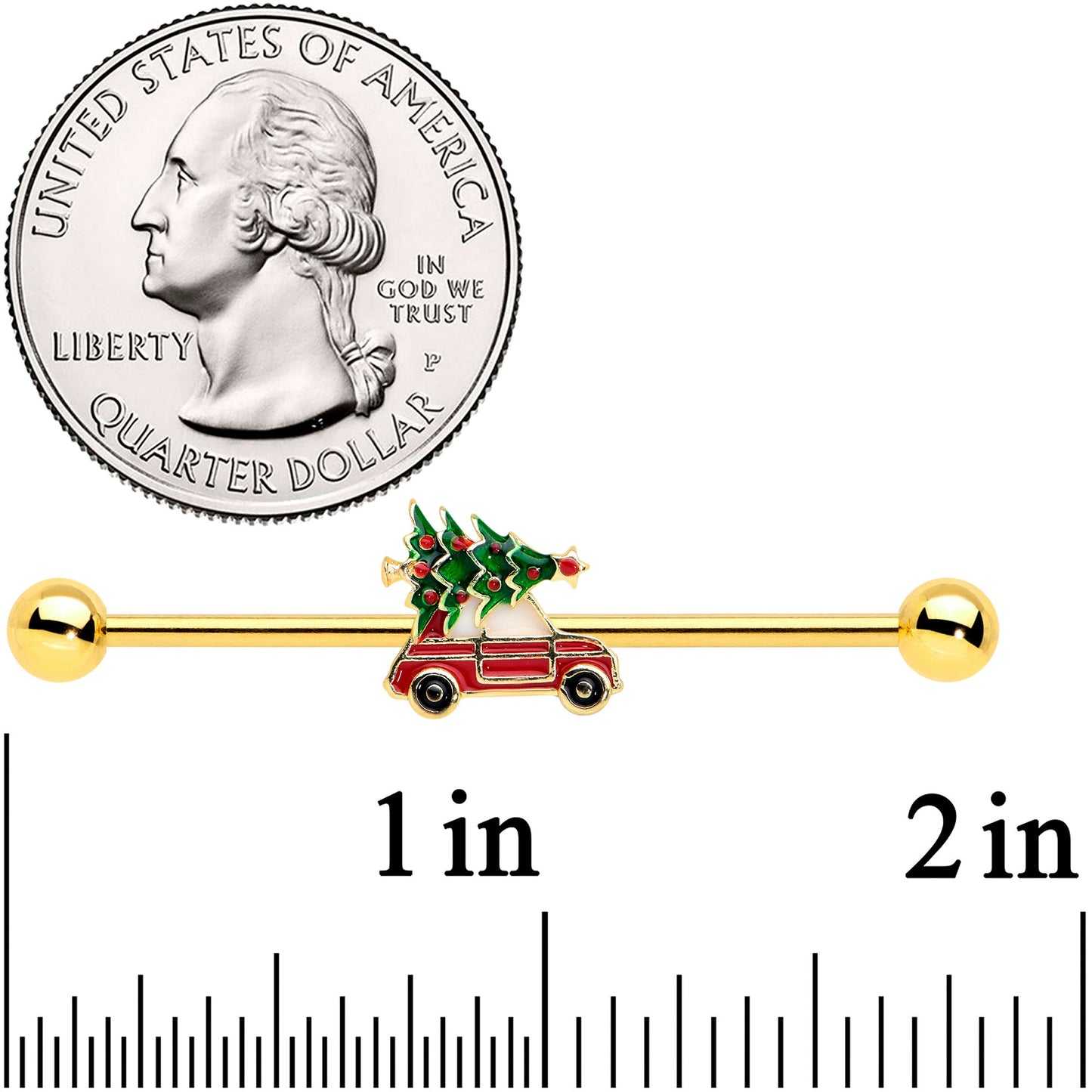 14G Gold Tone Buggy Christmas Tree Industrial Barbell 38mm