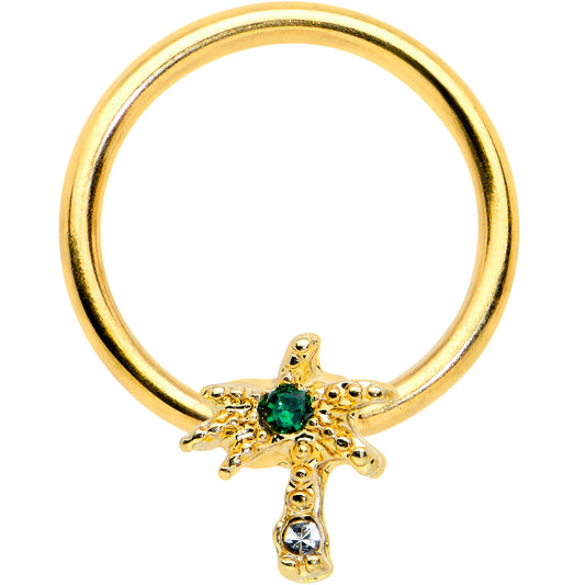 16G 3/8 Green Gem Gold Tone Texture Palm Tree BCR Captive Ring