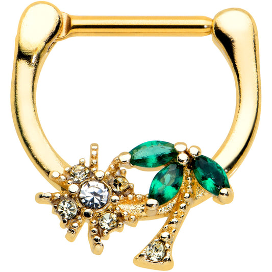 16G 5/16 Green Gem Gold Tone Sun Palm Tree Cartilage Clicker Ring