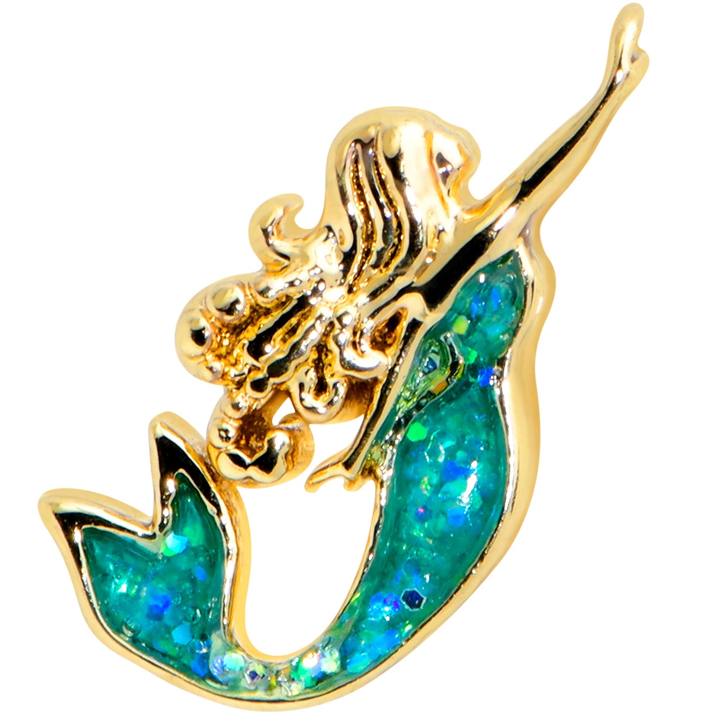 16G 1/4 Green Faux Opal Gold Hue Curvy Mermaid Cartilage Tragus