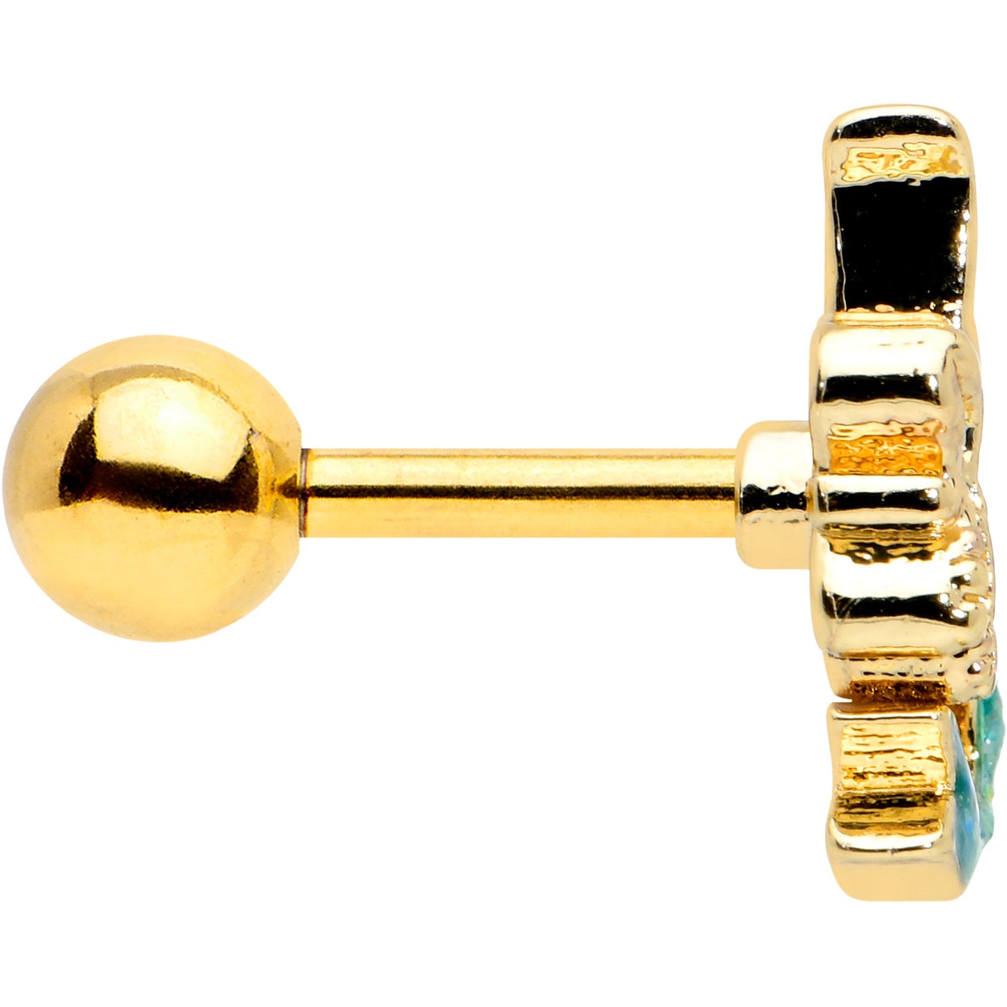 16G 1/4 Green Faux Opal Gold Hue Curvy Mermaid Cartilage Tragus