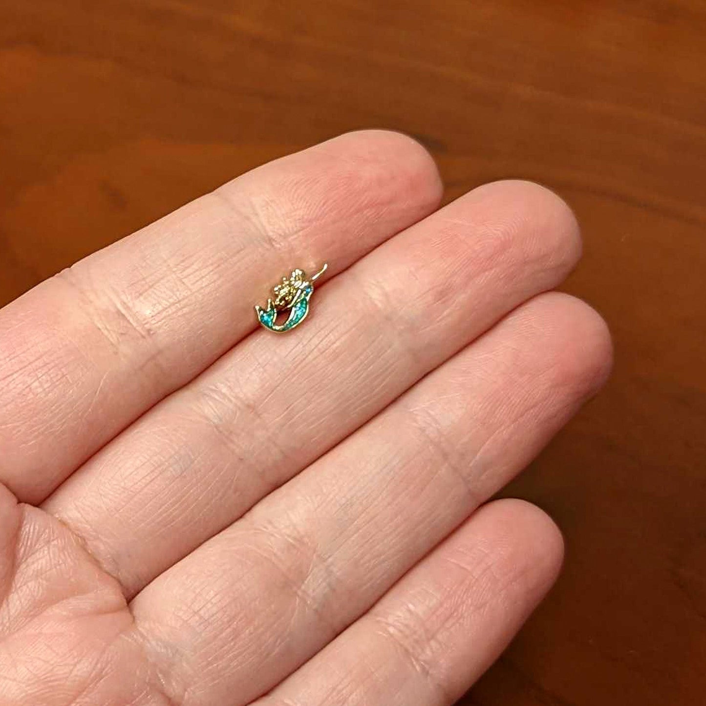 16G 1/4 Green Faux Opal Gold Hue Curvy Mermaid Cartilage Tragus