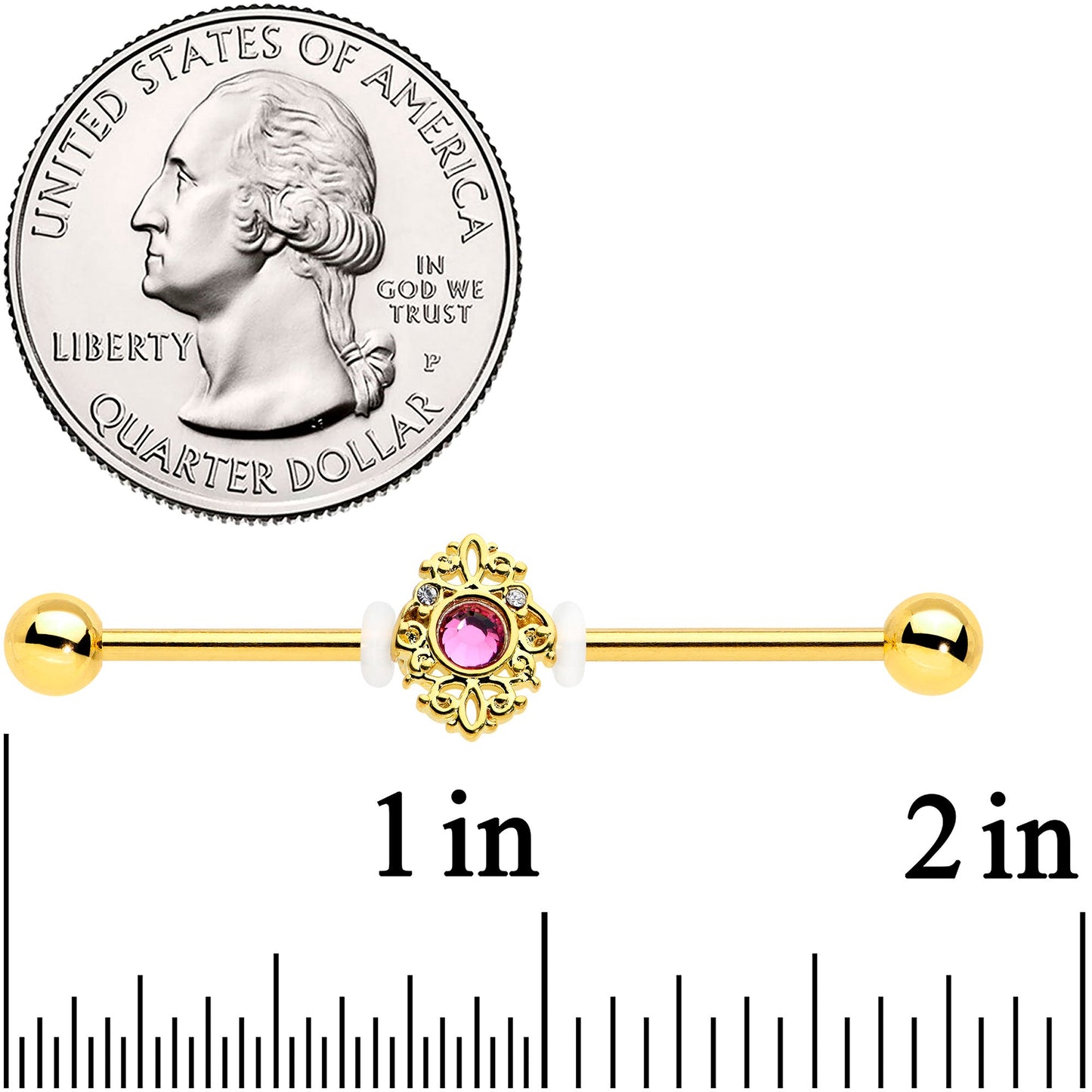 14G Clear Pink Gem Gold Tone Lace Love Industrial Barbell 38mm