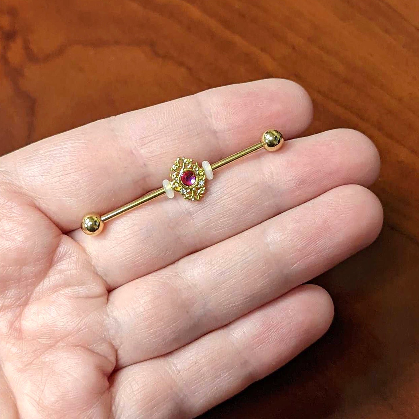 14G Clear Pink Gem Gold Tone Lace Love Industrial Barbell 38mm