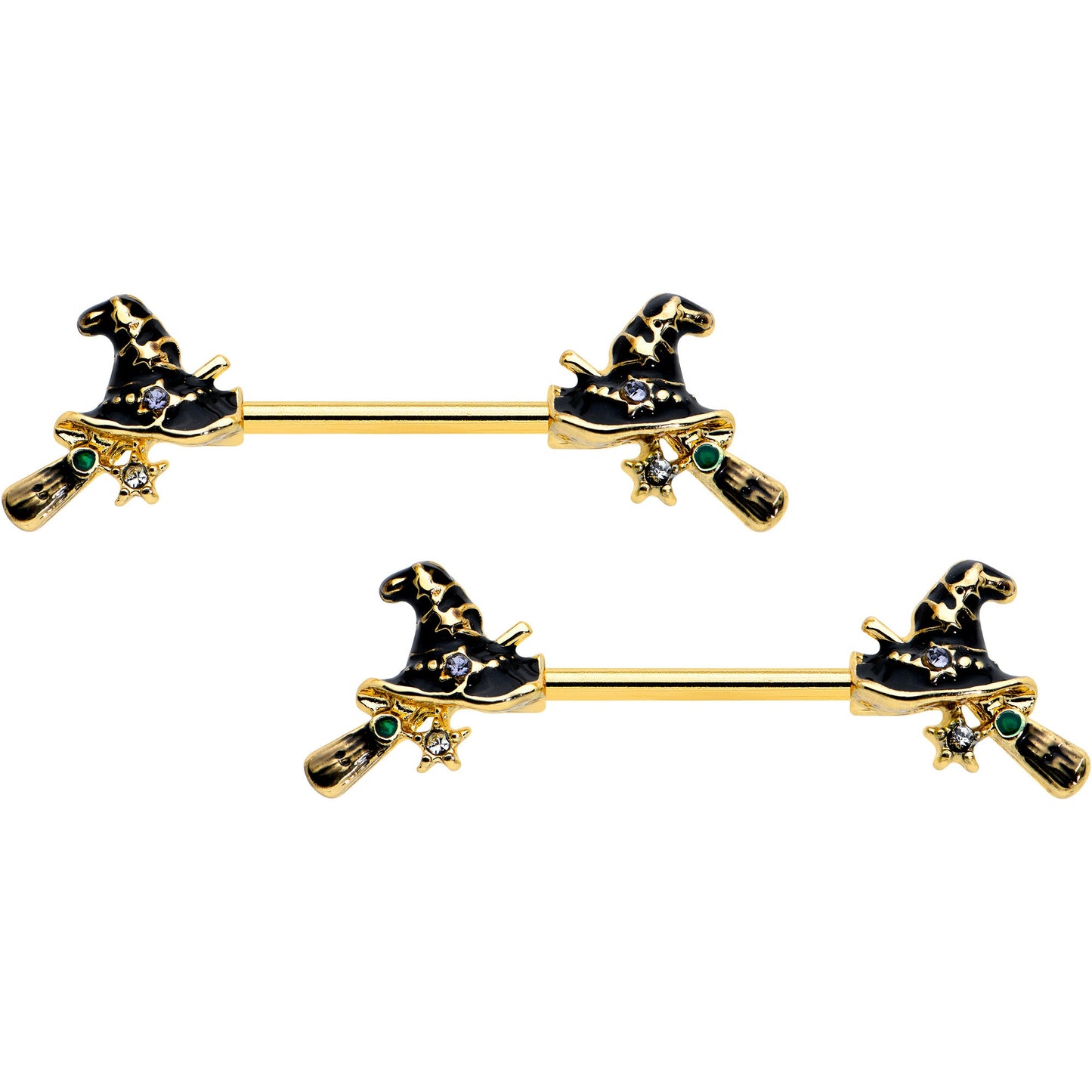 14G 9/16 Clear Gem Gold Tone Witch Hat Broom Nipple Ring Set