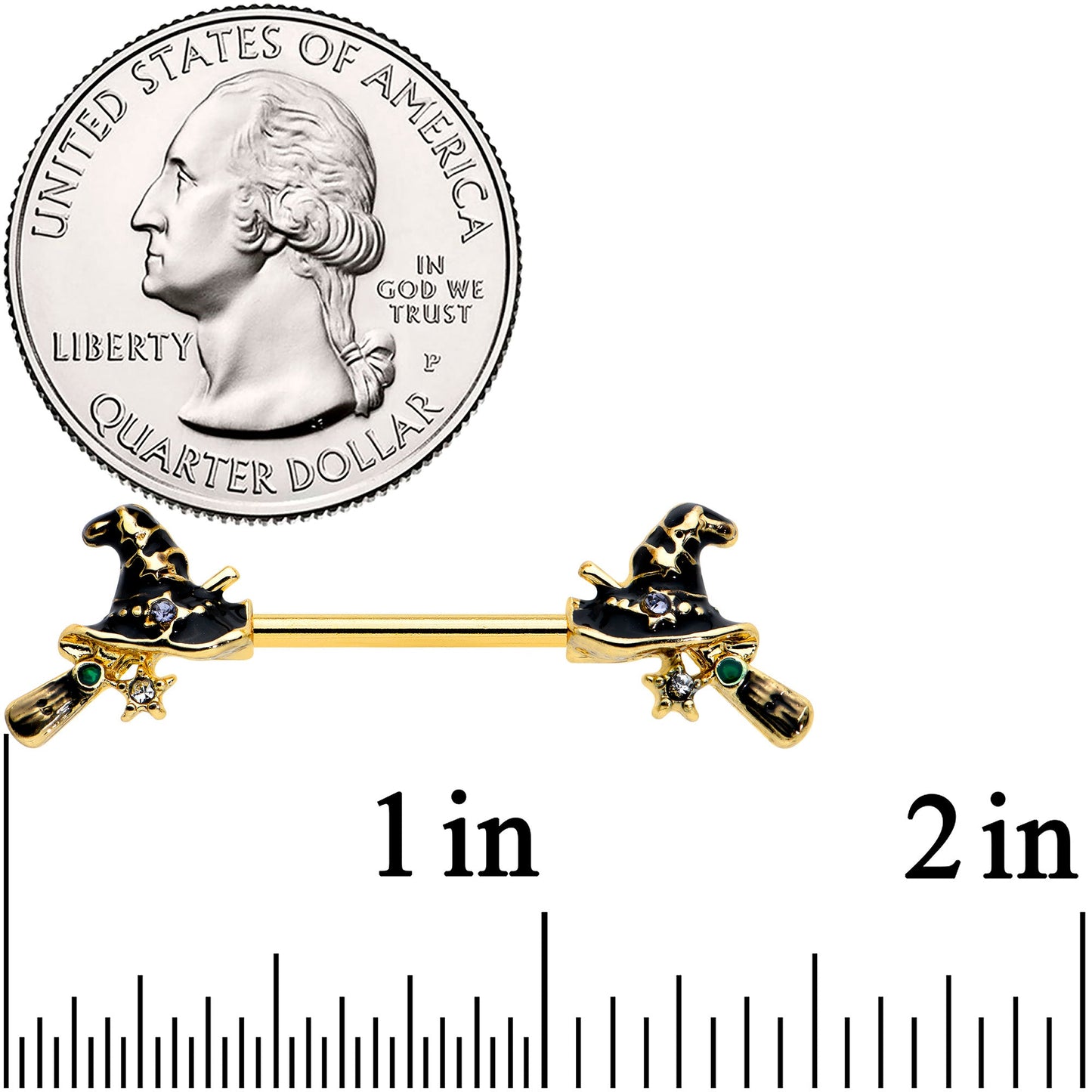 14G 9/16 Clear Gem Gold Tone Witch Hat Broom Nipple Ring Set