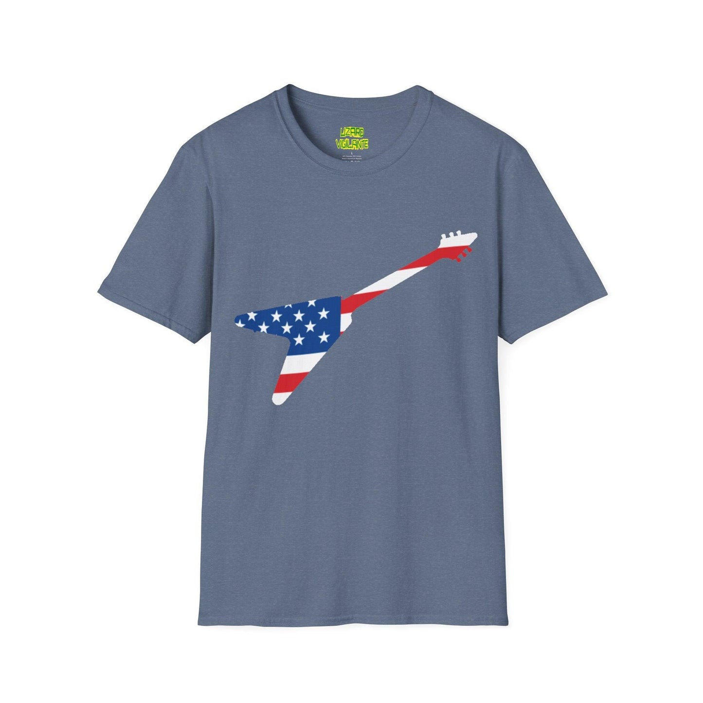 American Flag Colored Flying V Electric Guitar Unisex Softstyle T-Shirt - Lizard Vigilante